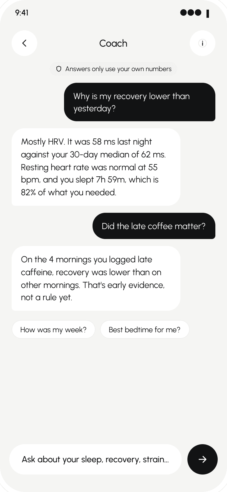 Gallen's Coach screen with sample data: questions about recovery and late caffeine, answered from your own numbers.