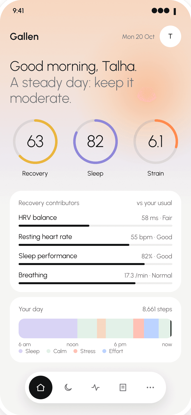 Gallen's Today screen with sample data: recovery 63, sleep 82 and strain 6.1.