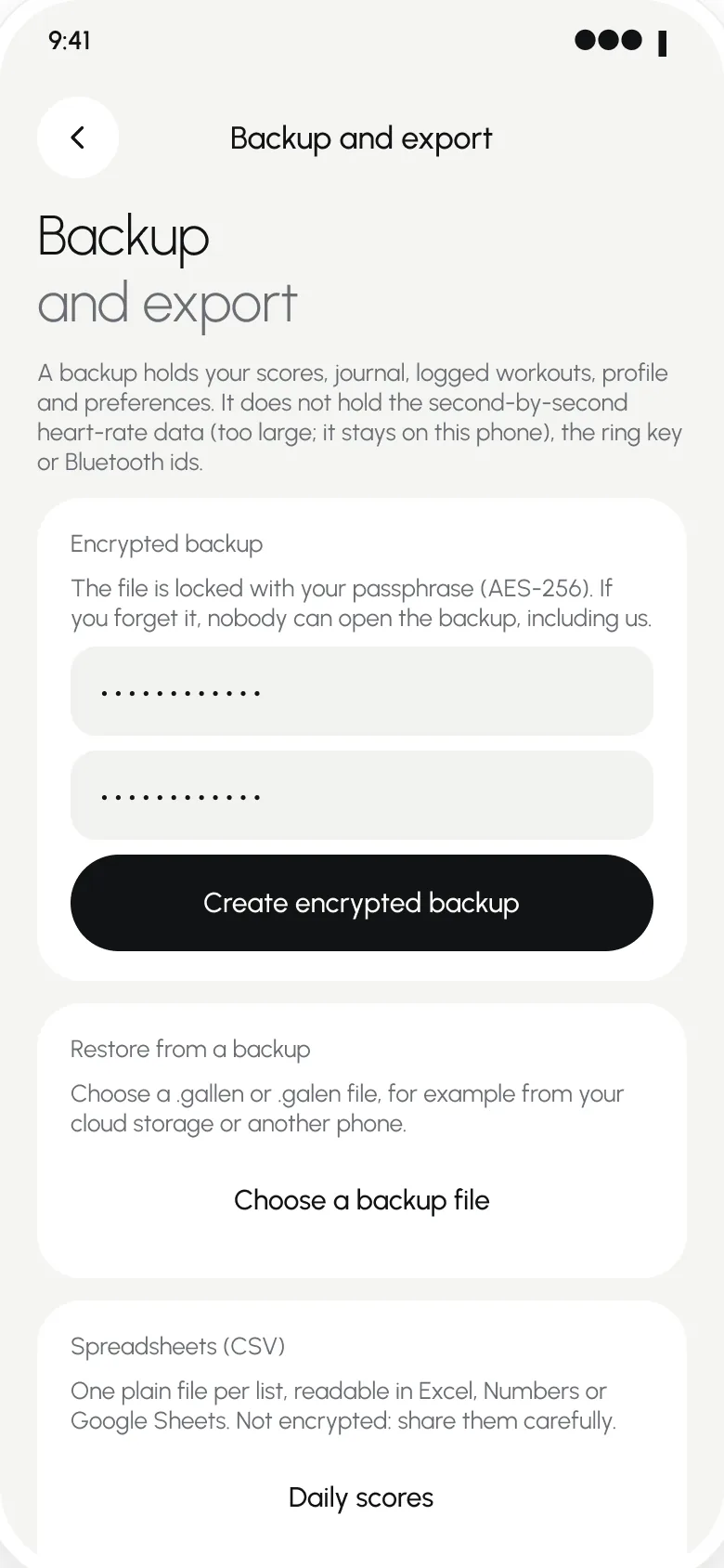 Gallen's Backup and export screen: an encrypted backup locked with your passphrase, restore from a backup file, and CSV spreadsheets.
