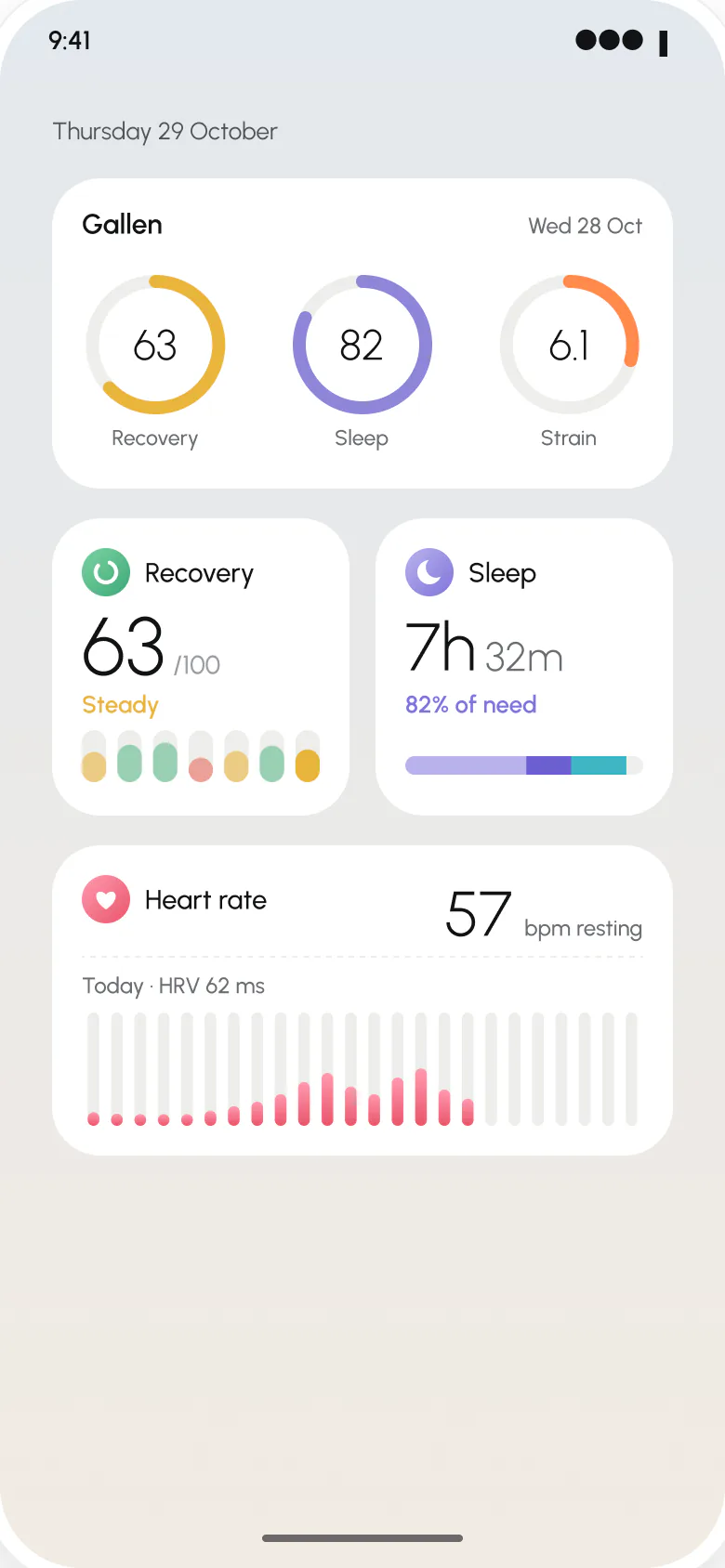 An Android home screen with Gallen widgets showing sample data: recovery 63, sleep 82 and strain 6.1, sleep 7h 32m and resting heart rate 57.