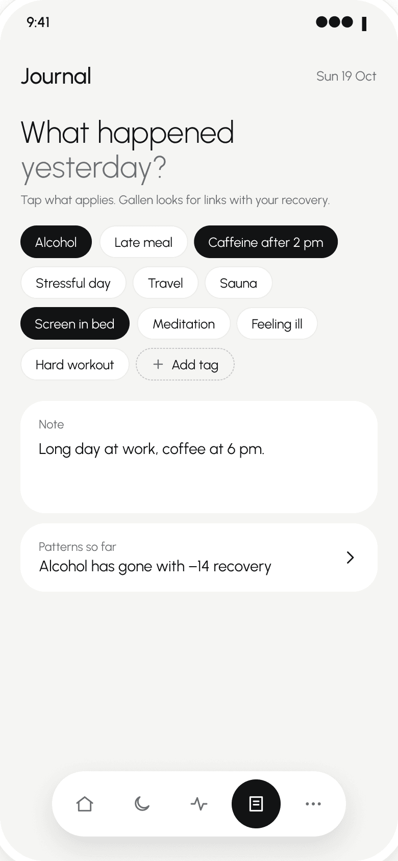 Gallen's Journal screen with sample data: morning tags and a note.